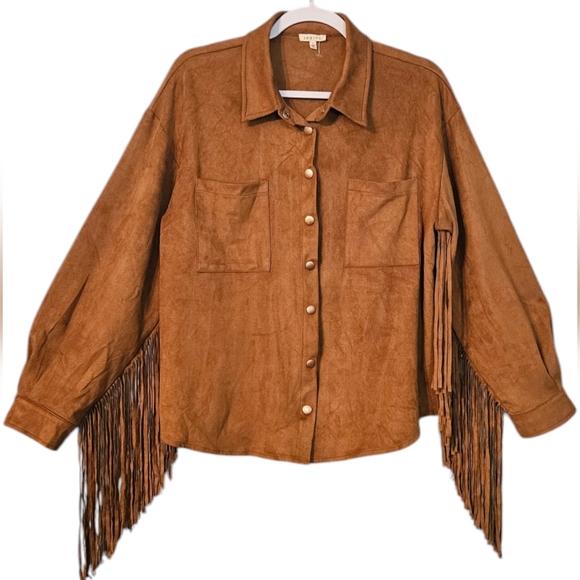 Jodifl Women's Brown Solid Fringed Faux Suede Button Down Size L - Picture 3 of 8